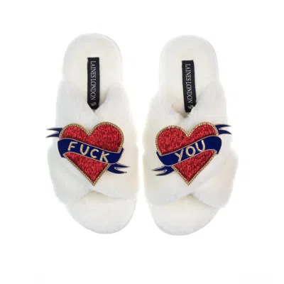 Laines London Women's White Classic Laines Slippers With Fuck You Brooches - Cream