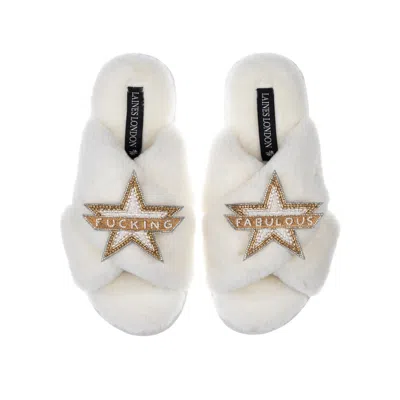 Laines London Women's White Classic Laines Slippers With Fucking Fabulous Brooches - Cream