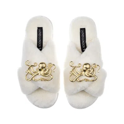 Laines London Women's White Classic Laines Slippers With Gold Metal Octopus Brooches - Cream
