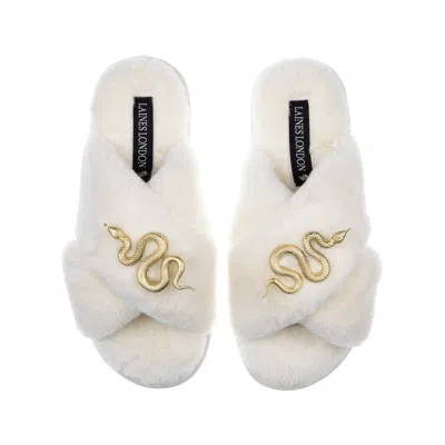 Laines London Women's White Classic Laines Slippers With Gold Metal Snake Brooches - Cream
