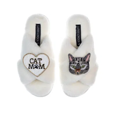 Laines London Women's White Classic Laines Slippers With Grey Pebbles Cat & Cat Mum / Mom Brooches - Cream
