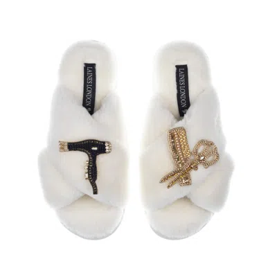Laines London Women's White Classic Laines Slippers With Hairdresser Brooches - Cream