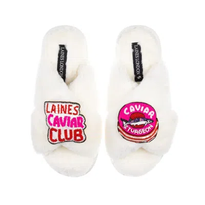 Laines London Women's White Classic Laines Slippers With Laines Caviar Club Brooches - Cream