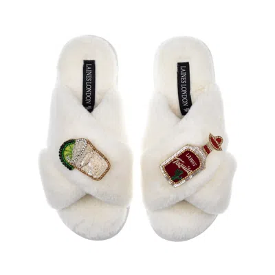 Laines London Women's White Classic Laines Slippers With Laines Tequila Slammer Brooches - Cream