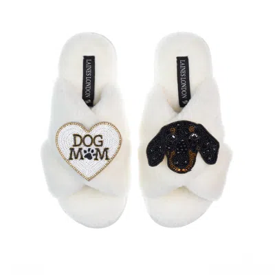 Laines London Women's White Classic Laines Slippers With Little Sausage & Dog Mum / Mom Brooches - Cream