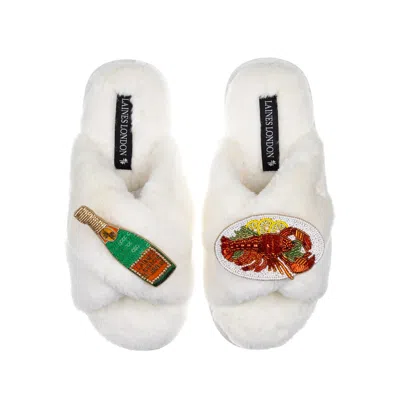 Laines London Women's White Classic Laines Slippers With Lobster Platter & Champagne Brooches - Cream