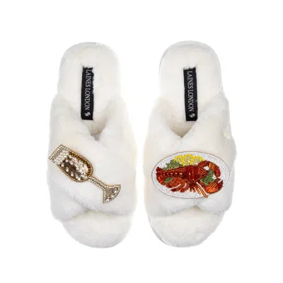 Laines London Women's White Classic Laines Slippers With Lobster Platter & Glass Of Fizz Brooches - Cream