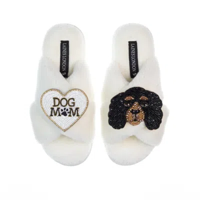 Laines London Women's White Classic Laines Slippers With Louie The King Charles & Dog Mum / Mom Brooches - Cream