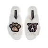 Laines London Women's White Classic Laines Slippers With Luna-rose Staffy & Paw Brooches - Cream In White