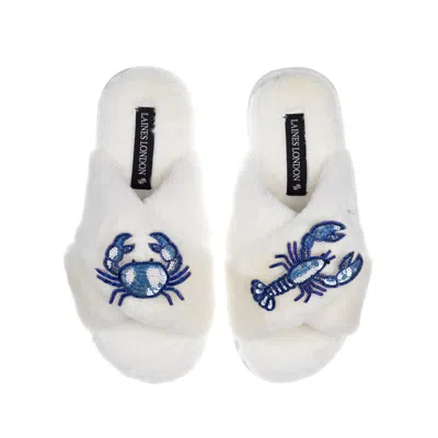 Laines London Women's White Classic Laines Slippers With Mediterranean Blue Crab & Lobster Brooches - Cream