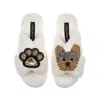 Laines London Women's White Classic Laines Slippers With Minnie Yorkie & Paw Brooches - Cream In White