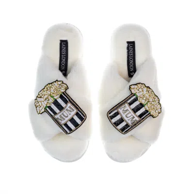 Laines London Women's White Classic Laines Slippers With Mothers Day Double Mum Bouquet Brooches - Cream