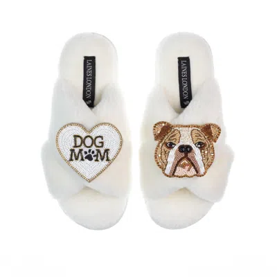 Laines London Women's White Classic Laines Slippers With Mr Beefy & Dog Mum / Mom Brooches - Cream