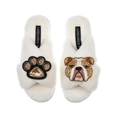 Laines London Women's White Classic Laines Slippers With Mr Beefy Bulldog & Paw Brooches - Cream