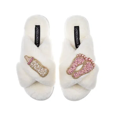 Laines London Women's White Classic Laines Slippers With New Baby Girl Brooches - Cream