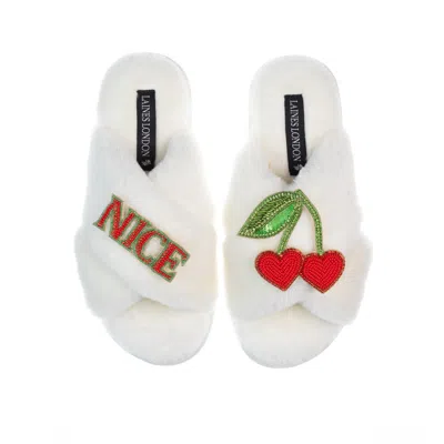 Laines London Women's White Classic Laines Slippers With Nice Cherries Brooches - Cream