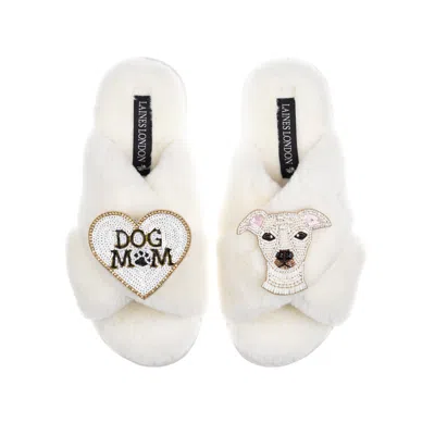 Laines London Women's White Classic Laines Slippers With Olive The Italian Greyhound  & Dog Mum / Mom Brooches - C