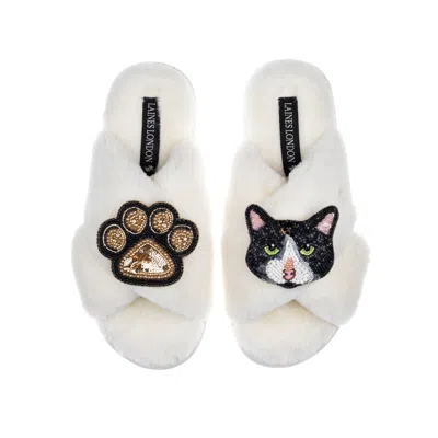 Laines London Women's White Classic Laines Slippers With Oreo Cat & Paw Brooches - Cream