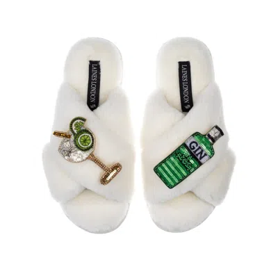 Laines London Women's White Classic Laines Slippers With Original Gin & Glass Brooches - Cream