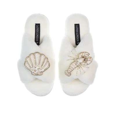 Laines London Women's White Classic Laines Slippers With Pearl Beaded Lobster & Shell Brooches - Cream