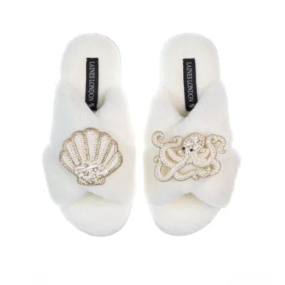 Laines London Women's White Classic Laines Slippers With Pearl Beaded Octopus & Shell Brooches - Cream
