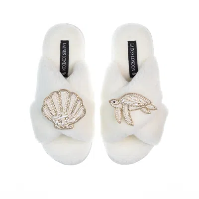 Laines London Women's White Classic Laines Slippers With Pearl Beaded Turtle & Shell Brooches - Cream