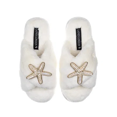 Laines London Women's White Classic Laines Slippers With Pearl Starfish Brooches - Cream