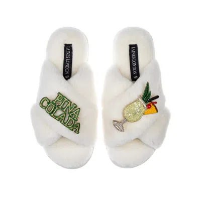 Laines London Women's White Classic Laines Slippers With Pina Colada Brooches - Cream