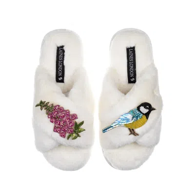 Laines London Women's White Classic Laines Slippers With Pink Foxglove Flowers & Blue Tit Brooches - Cream