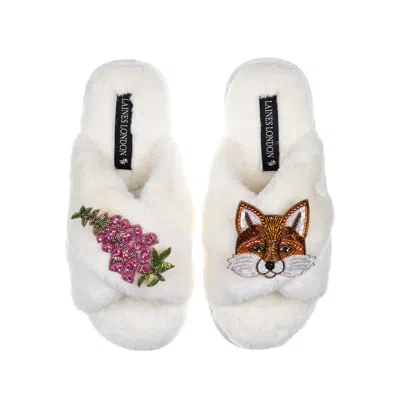 Laines London Women's White Classic Laines Slippers With Pink Foxglove Flowers & Fox Brooches - Cream