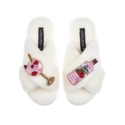 Laines London Women's White Classic Laines Slippers With Pink Gin & Fruit Glass Brooches - Cream