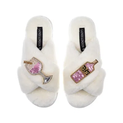 Laines London Women's White Classic Laines Slippers With Pink Gin & Glass Brooches - Cream
