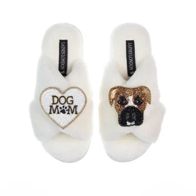 Laines London Women's White Classic Laines Slippers With Pip The Boxer & Dog Mum / Mom Brooches - Cream