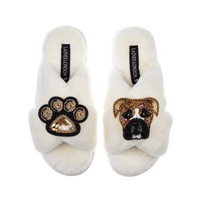 Laines London Women's White Classic Laines Slippers With Pip The Boxer & Paw Brooches - Cream