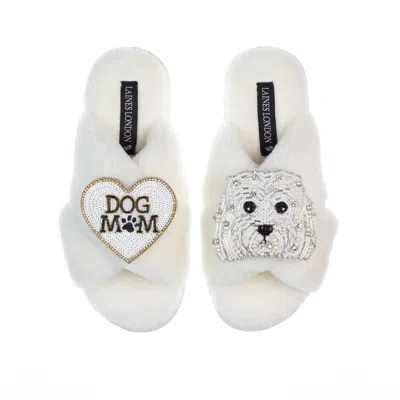 Laines London Women's White Classic Laines Slippers With Queenie & Dog Mum / Mom Brooches - Cream
