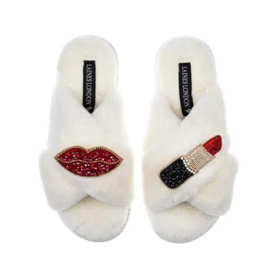 Laines London Women's White Classic Laines Slippers With Red & Gold Pucker Up Brooches - Cream In Neutral