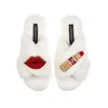 Laines London Women's White Classic Laines Slippers With Red Lipstick & Lips Brooches - Cream In White
