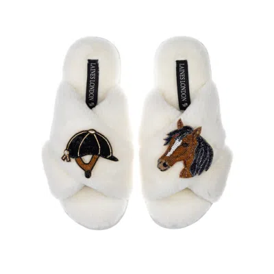 Laines London Women's White Classic Laines Slippers With Riding Hat & Horse Brooches - Cream