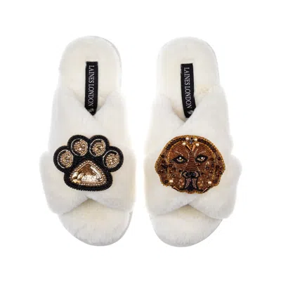 Laines London Women's White Classic Laines Slippers With Rocco & Paw Brooches - Cream