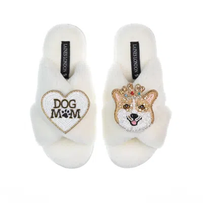 Laines London Women's White Classic Laines Slippers With Royal Corgi & Dog Mum / Mom Brooches - Cream