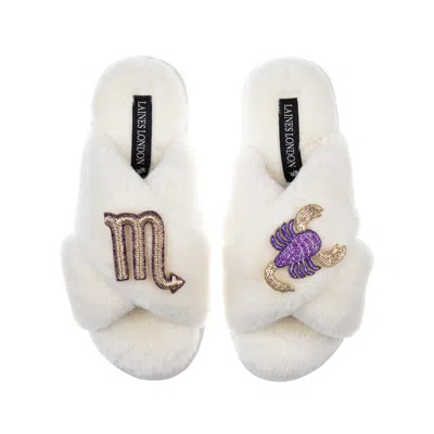 Laines London Women's White Classic Laines Slippers With Scorpio Zodiac Brooches - Cream