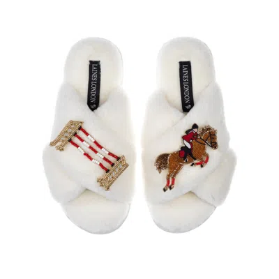 Laines London Women's White Classic Laines Slippers With Show Jump Horse Brooches - Cream