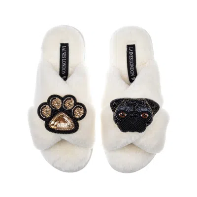 Laines London Women's White Classic Laines Slippers With Snoopy Pug & Paw Brooches - Cream