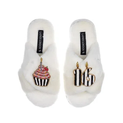 Laines London Women's White Classic Laines Slippers With Stripe 16th Birthday & Cake Brooches - Cream