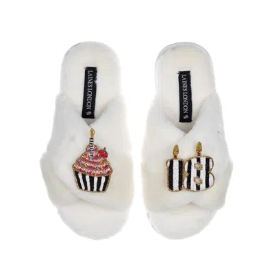 Laines London Women's White Classic Laines Slippers With Stripe 18th Birthday & Cake Brooches - Cream