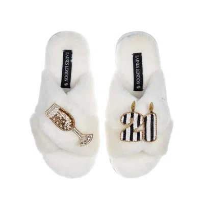 Laines London Women's White Classic Laines Slippers With Stripe 21st Birthday & Glass Of Champagne Brooches - Crea