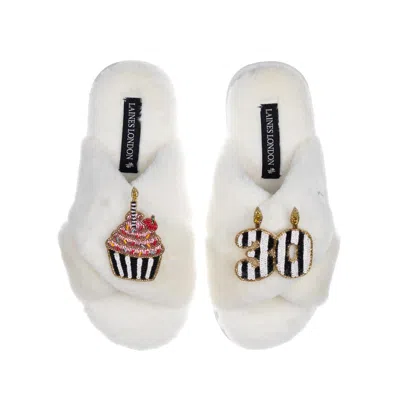Laines London Women's White Classic Laines Slippers With Stripe 30th Birthday & Cake Brooches - Cream