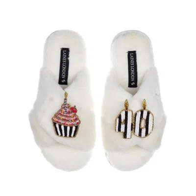 Laines London Women's White Classic Laines Slippers With Stripe 40th Birthday & Cake Brooches - Cream