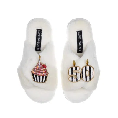Laines London Women's White Classic Laines Slippers With Stripe 50th Birthday & Cake Brooches - Cream