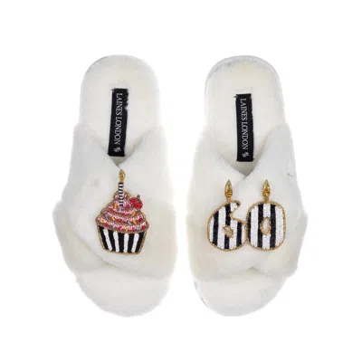 Laines London Women's White Classic Laines Slippers With Stripe 60th Birthday & Cake Brooches - Cream